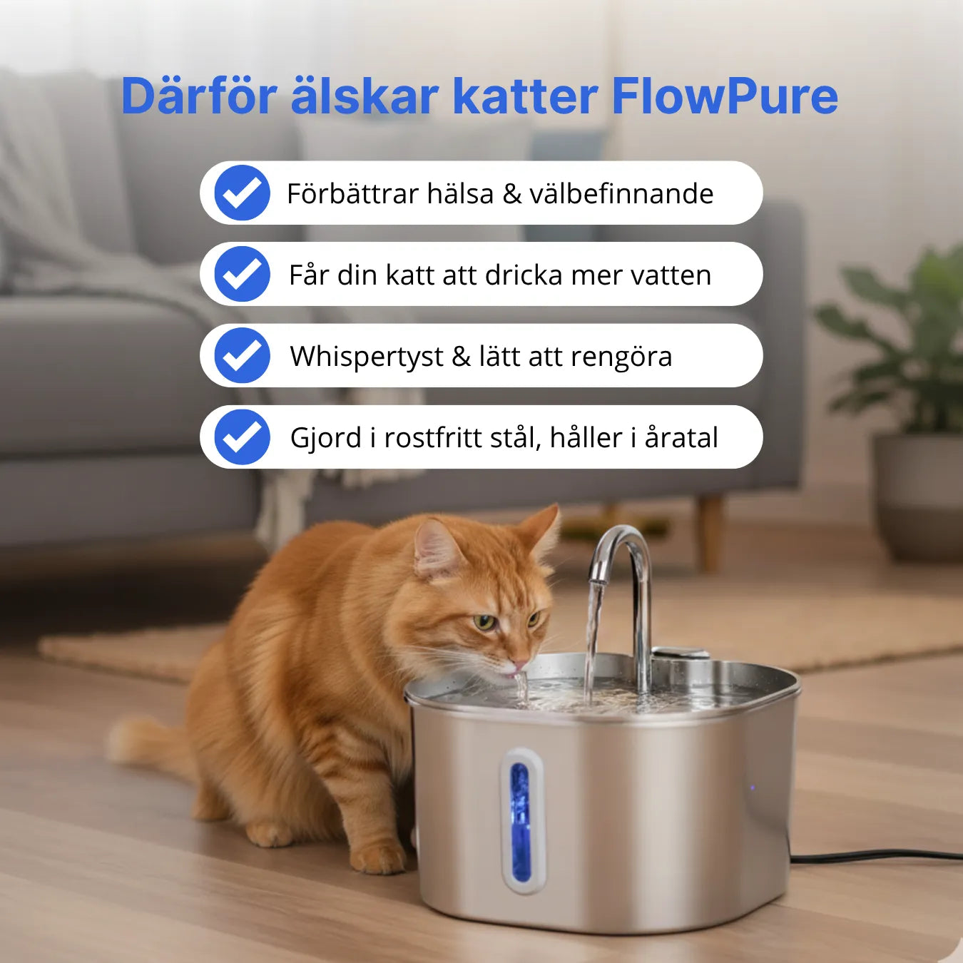 FlowPure Kattfontän - Veterinärgodkänd i Rostfritt Stål